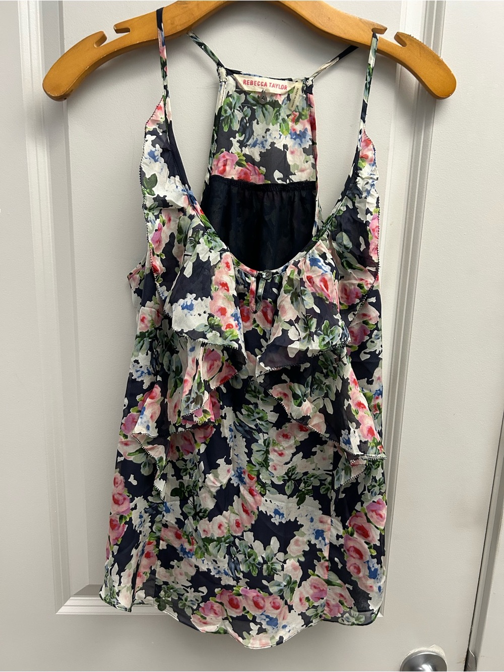 Rebecca Taylor Women’s Silk Navy Floral Ruffle Cami Top, size 4